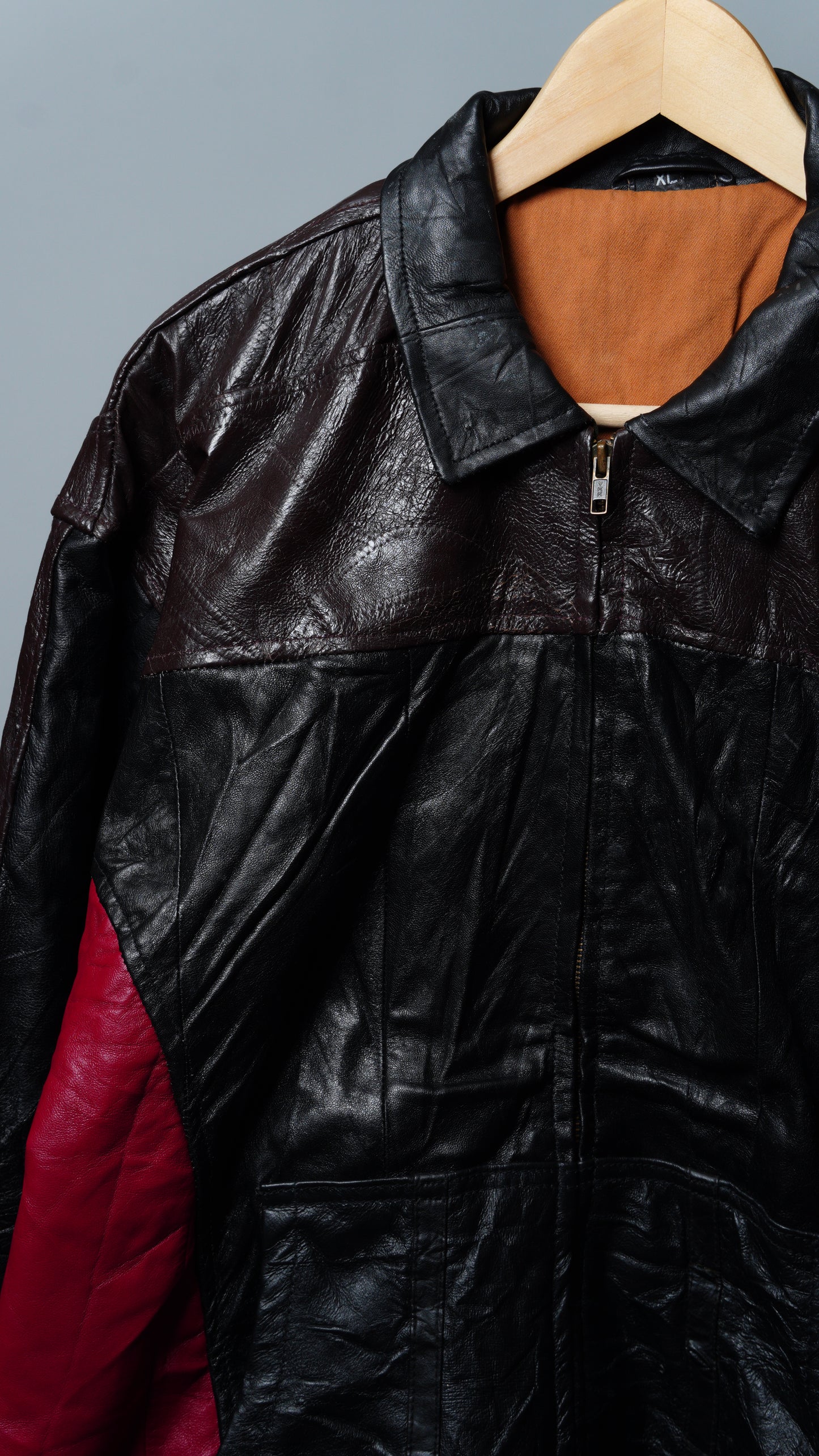 Upcycled Black & Red Leather Colorblock Jacket Size XL
