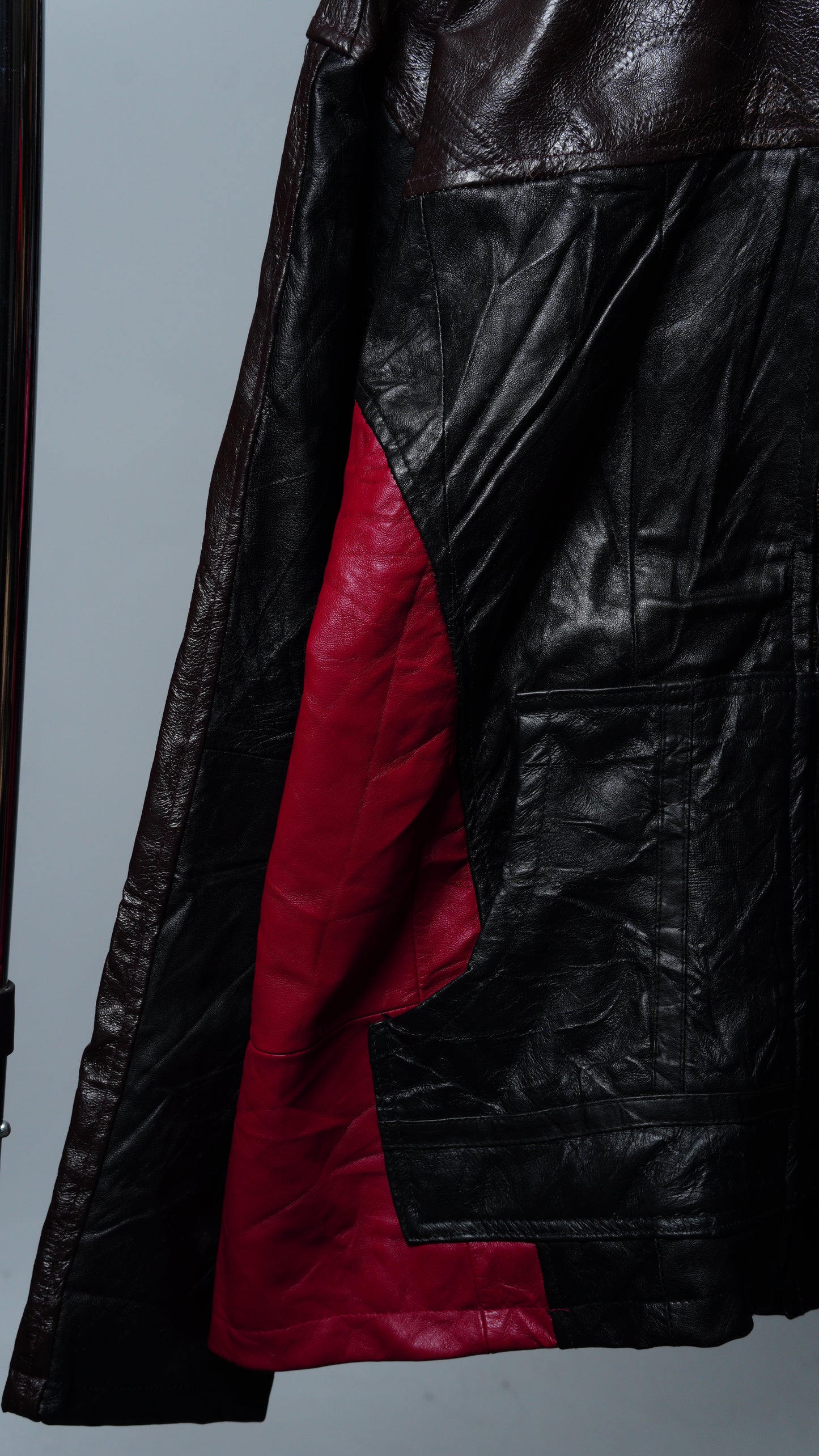 Upcycled Black & Red Leather Colorblock Jacket Size XL
