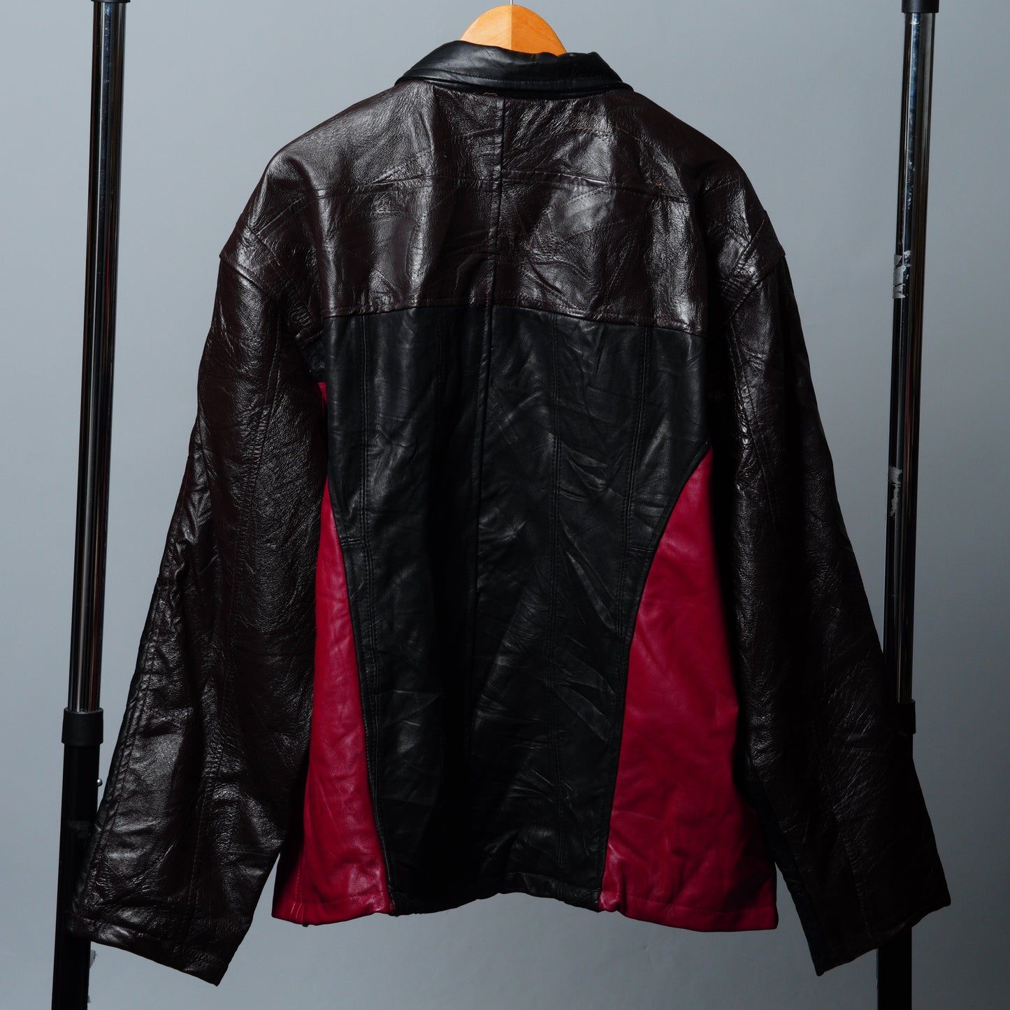 Upcycled Black & Red Leather Colorblock Jacket Size XL