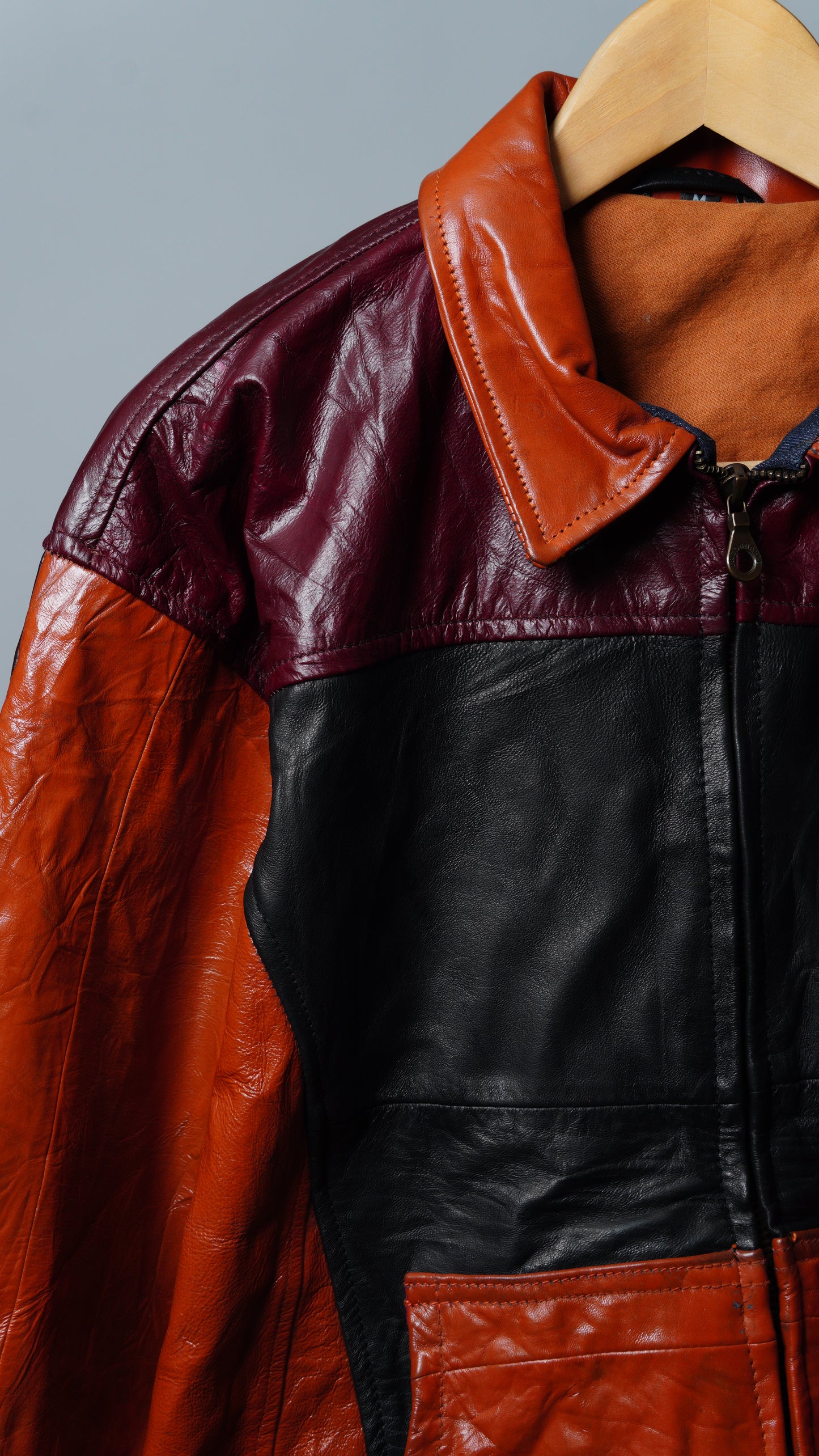 Upcycled Orange, Black & Maroon Colorblock Leather Jacket Size M