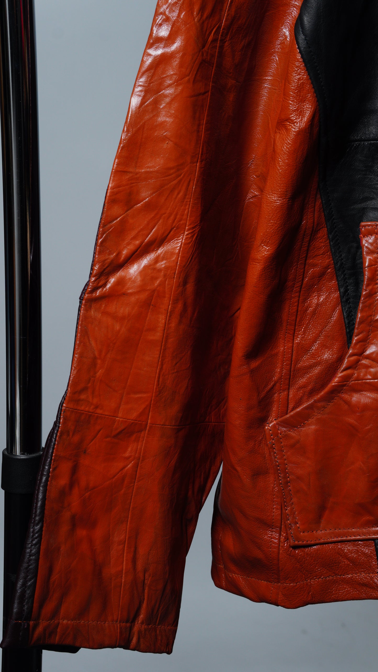 Upcycled Orange, Black & Maroon Colorblock Leather Jacket Size M