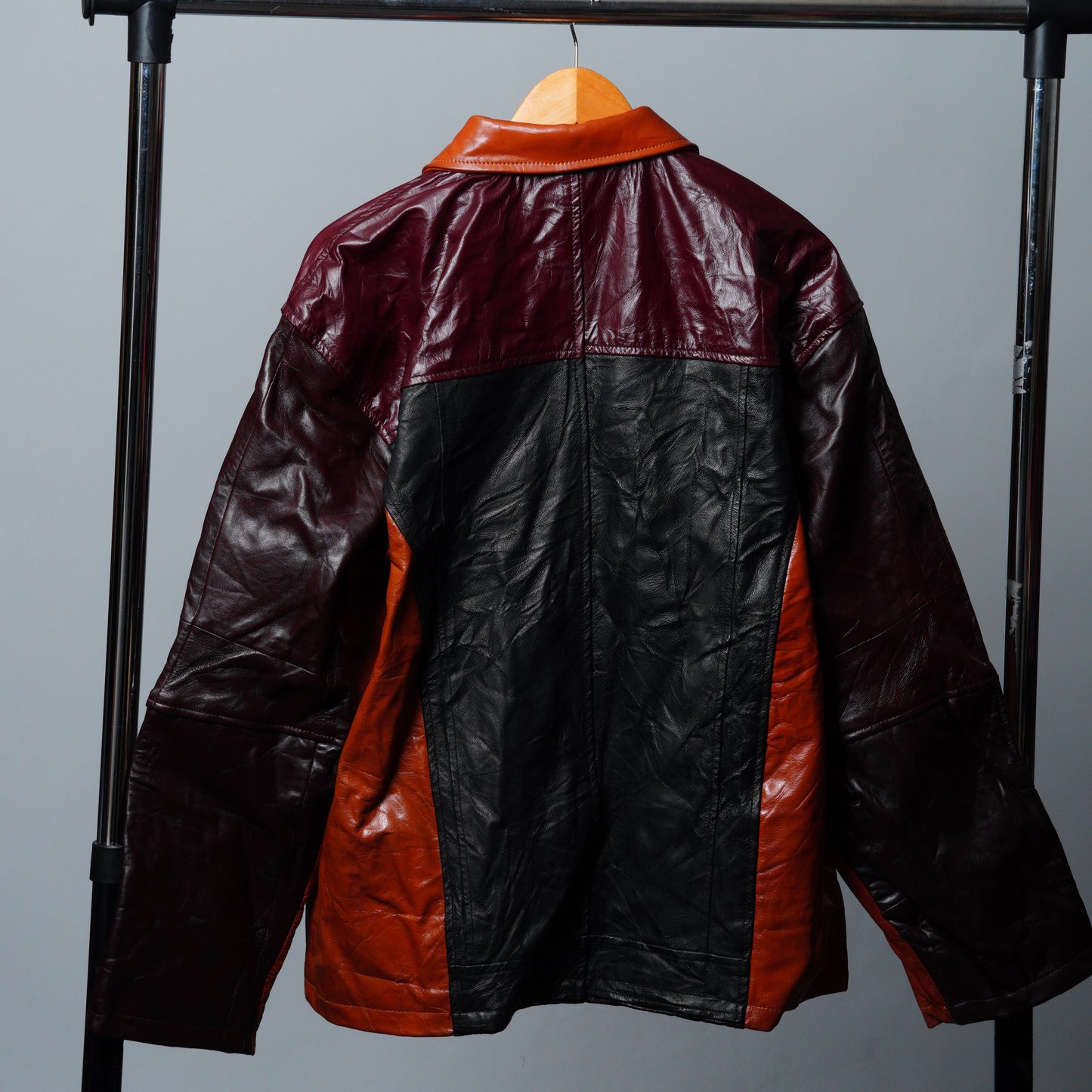 Upcycled Orange, Black & Maroon Colorblock Leather Jacket Size M