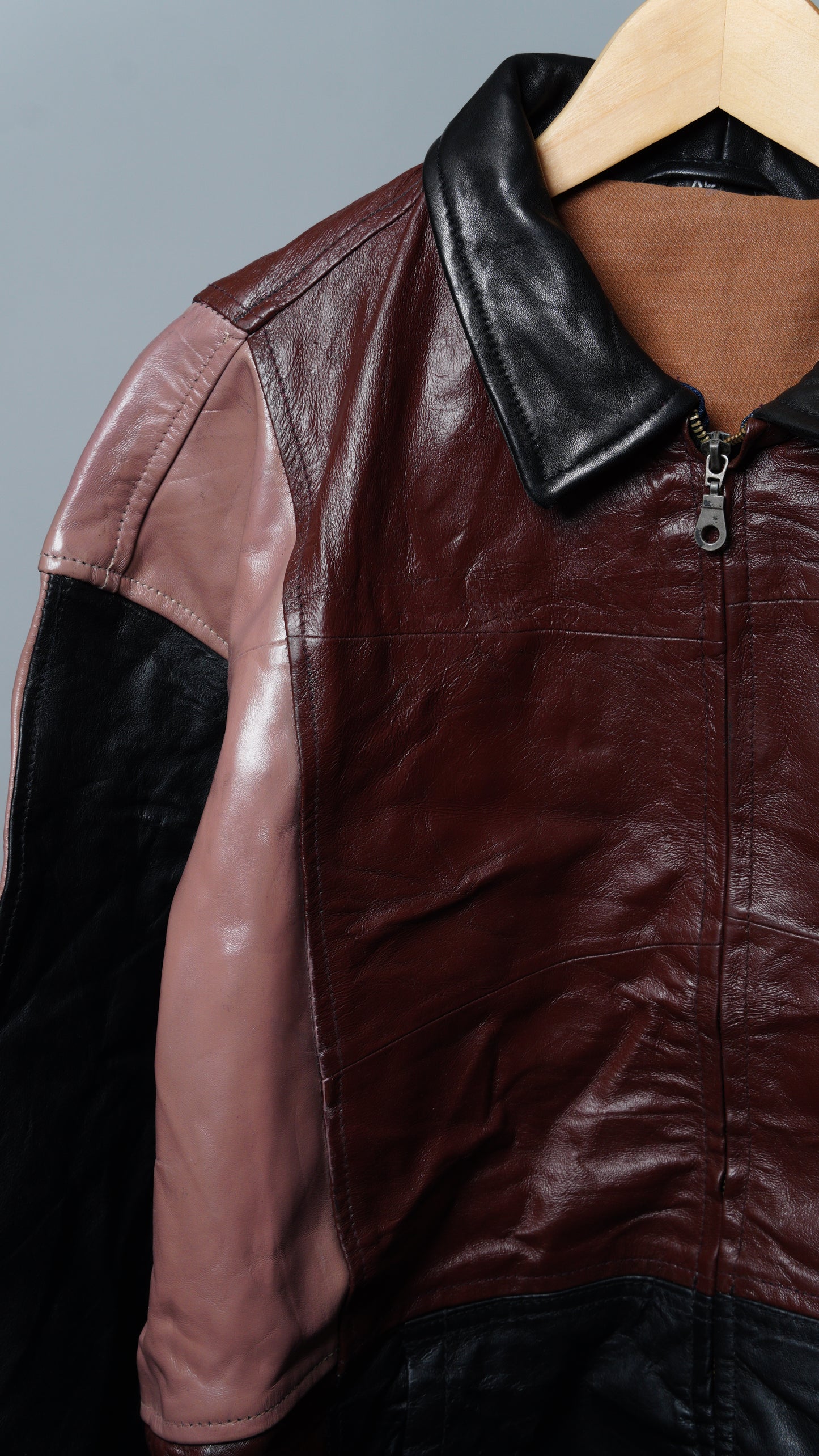 Upcycled Brown, Tan, & Black Leather Colorblock Jacket Size XL