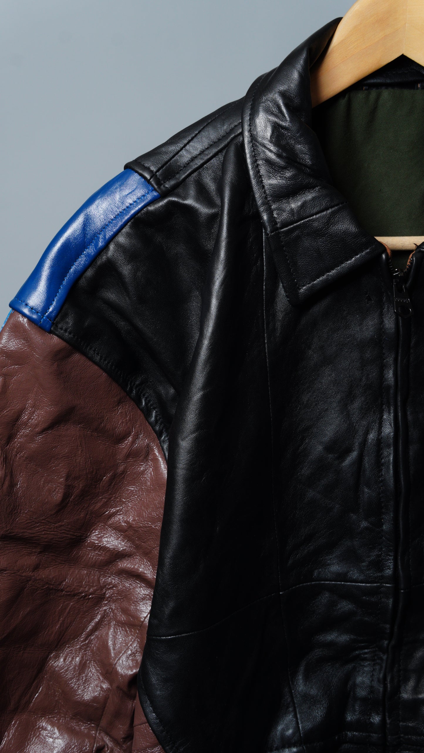 Upcycled Blue, Brown, & Black Leather Colorblock Jacket Size XL