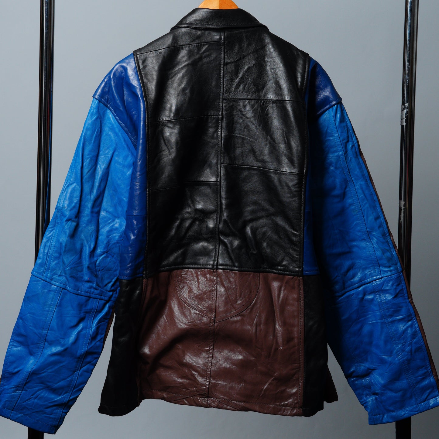 Upcycled Blue, Brown, & Black Leather Colorblock Jacket Size XL