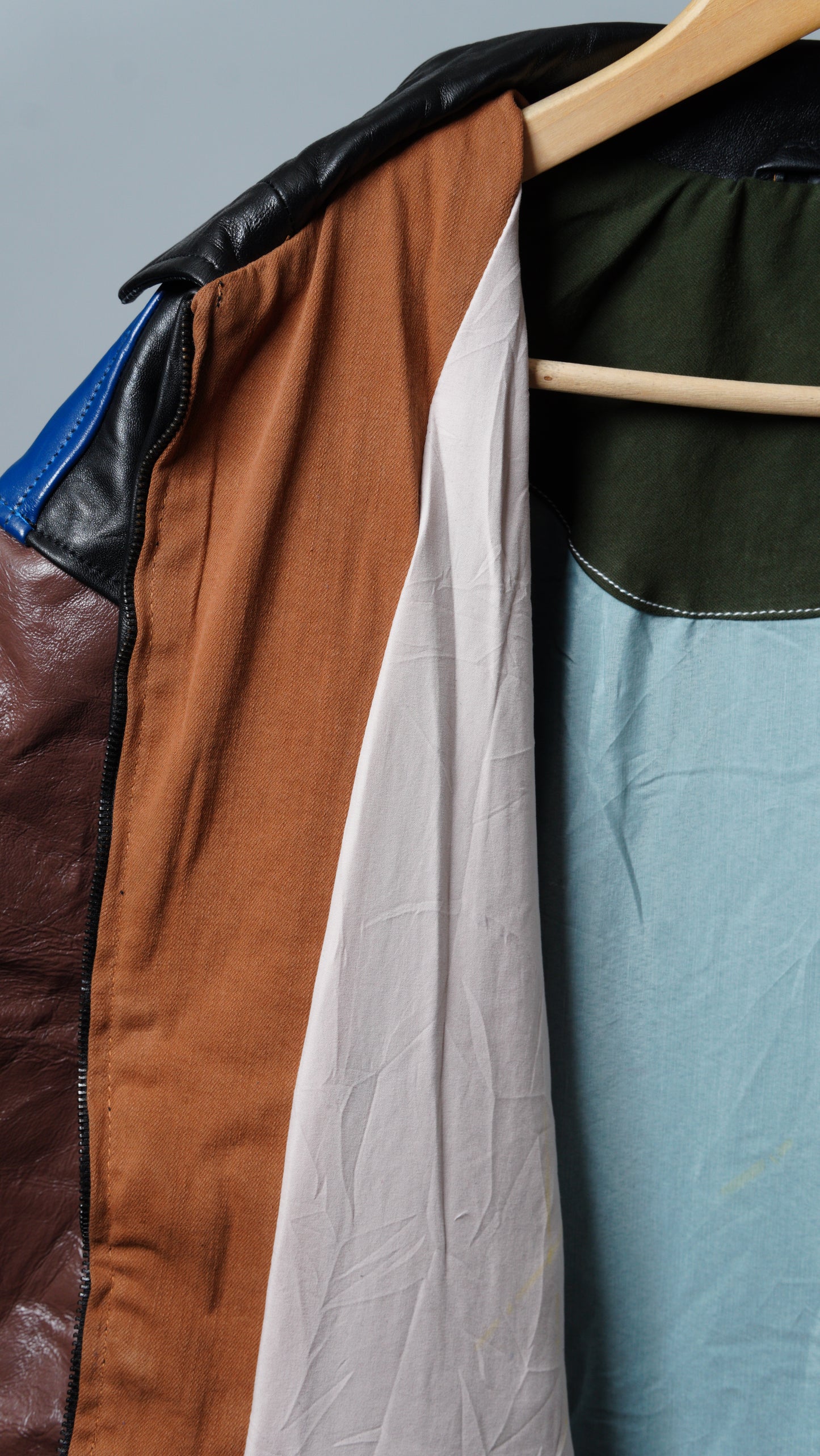 Upcycled Blue, Brown, & Black Leather Colorblock Jacket Size XL