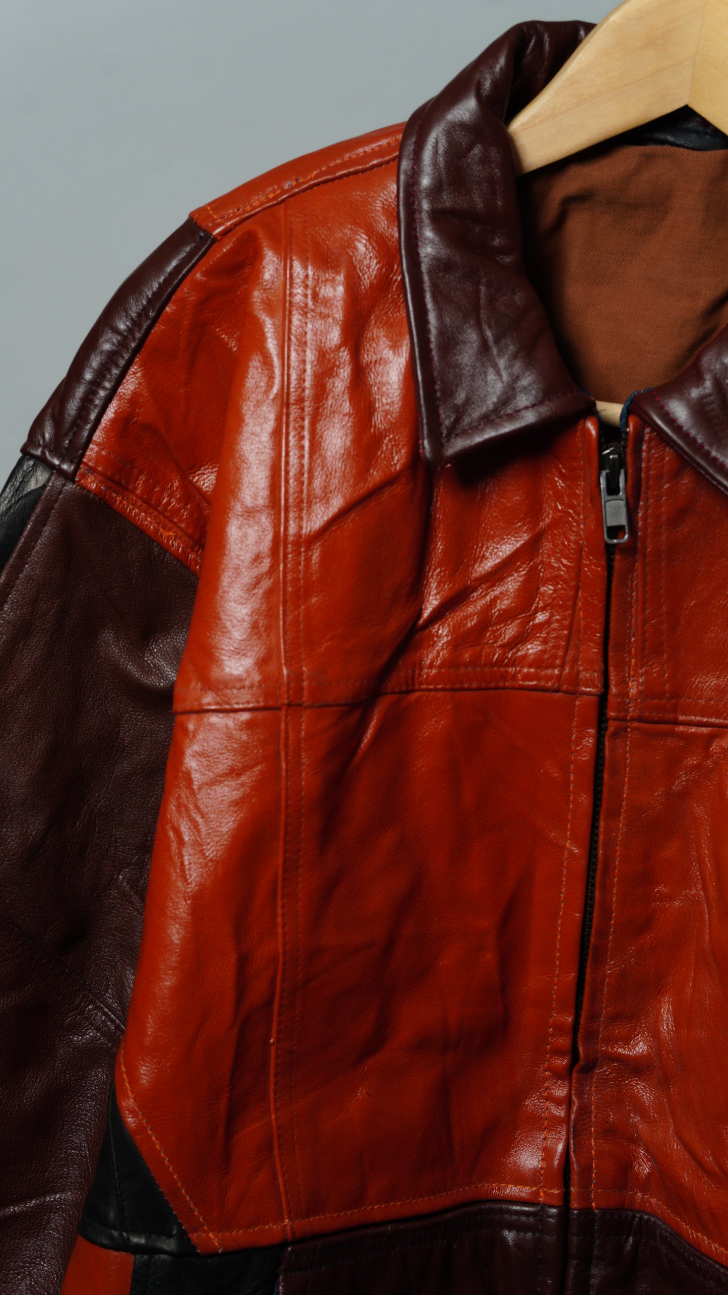 Upcycled Black & Red Leather Colorblock Jacket Size XL