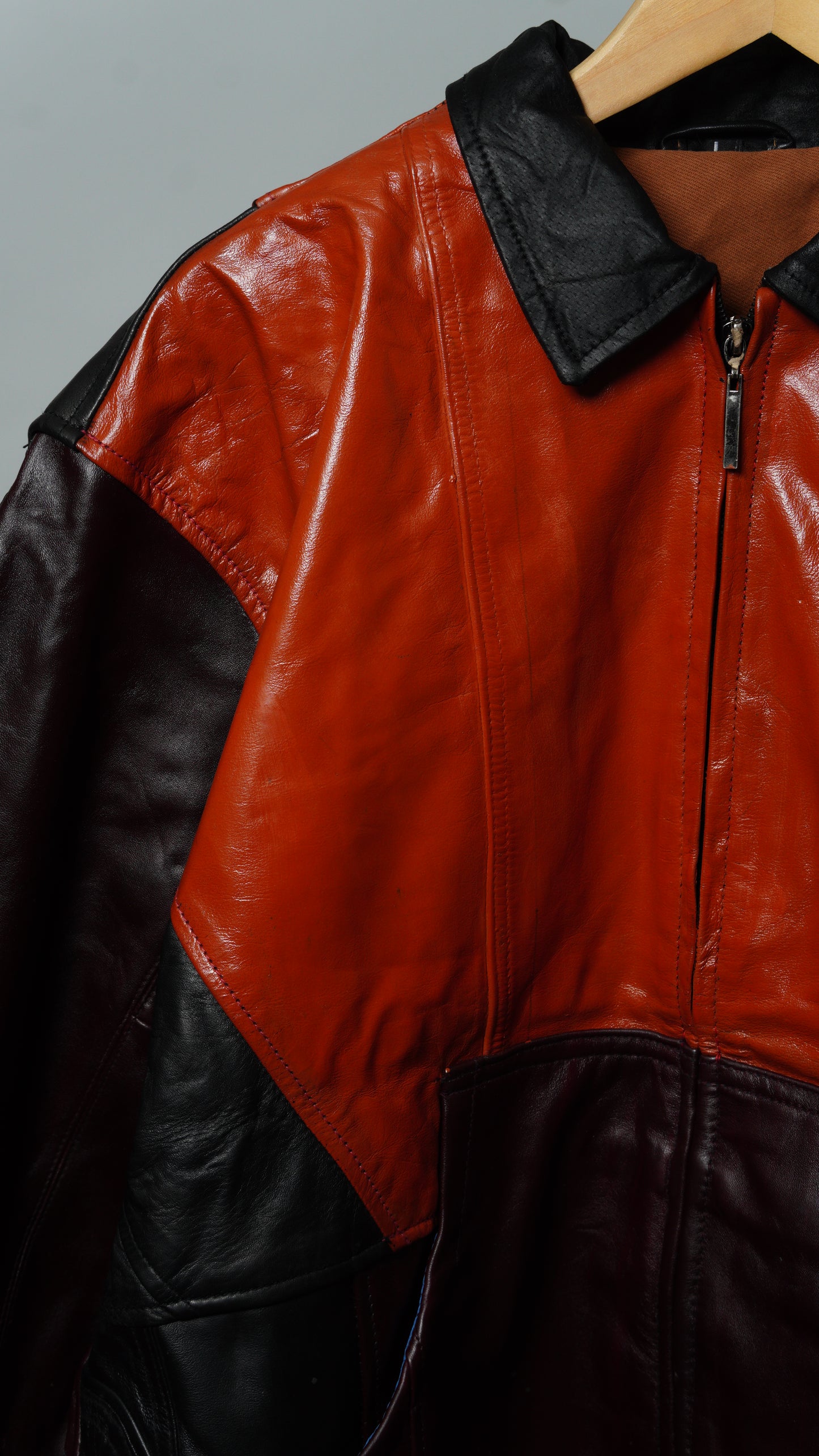 Upcycled Black & Red Leather Colorblock Jacket Size L