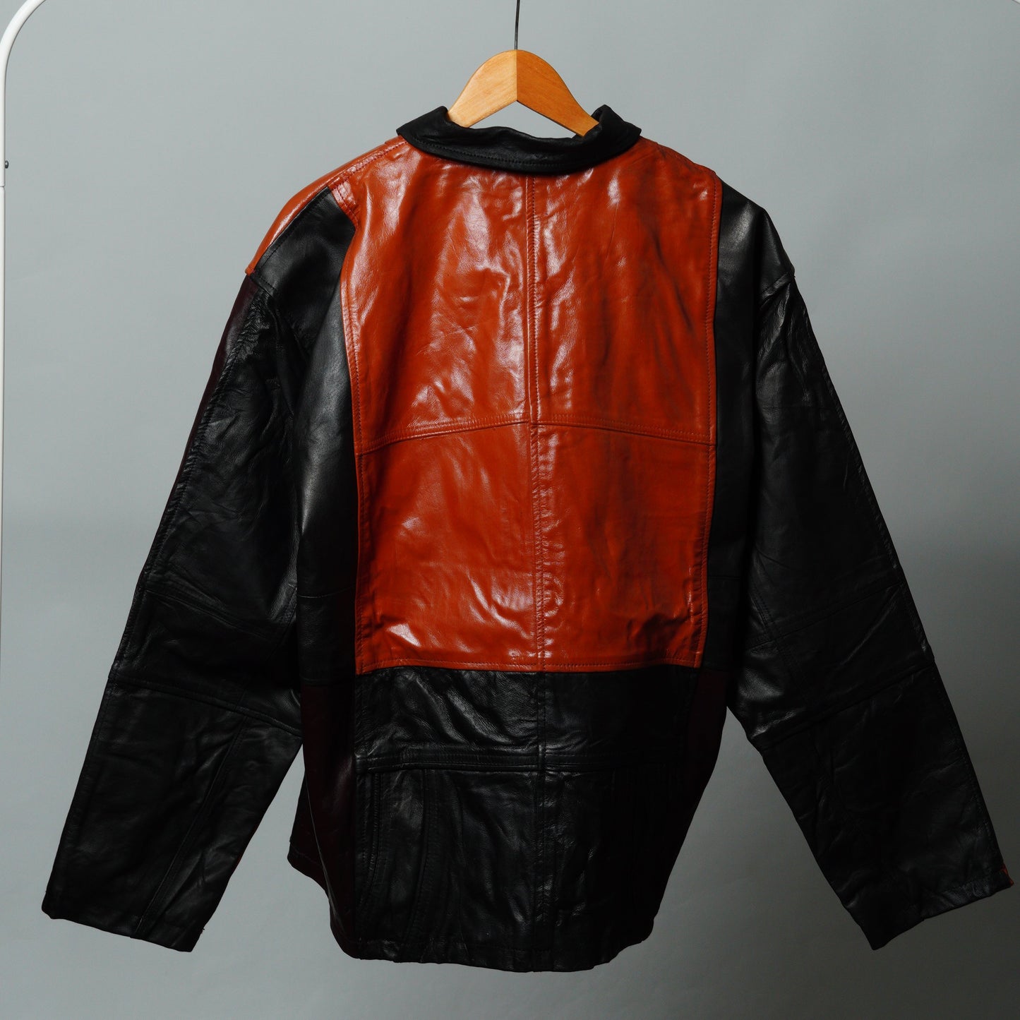 Upcycled Black & Red Leather Colorblock Jacket Size L