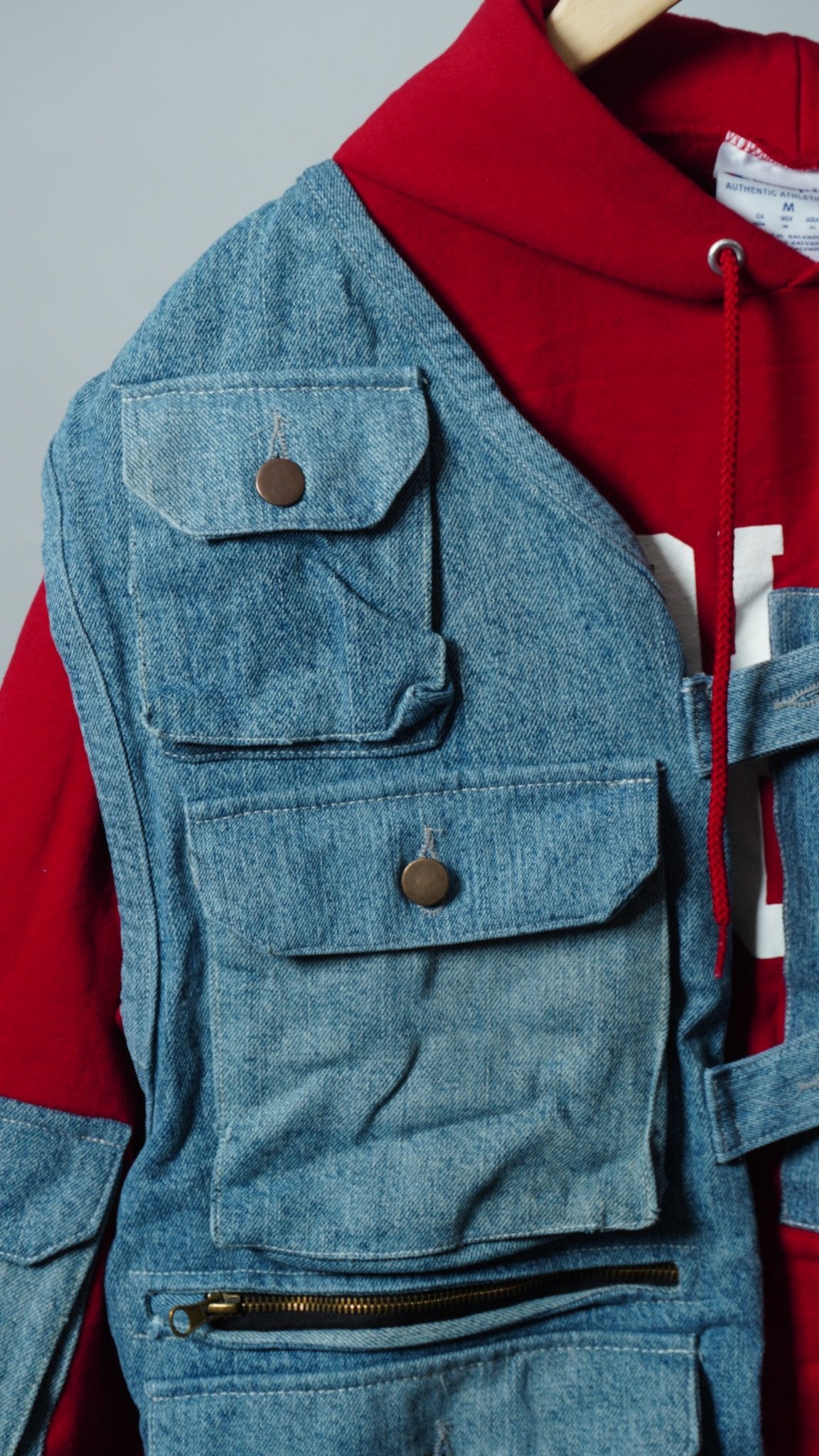 Upcycled Reworked Champion Red Blue Cargo Pocket Vest Hoodie Size M - The Hellebore Shop