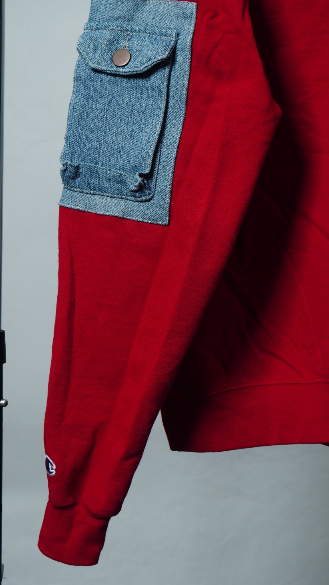 Upcycled Reworked Champion Red Blue Cargo Pocket Vest Hoodie Size M - The Hellebore Shop