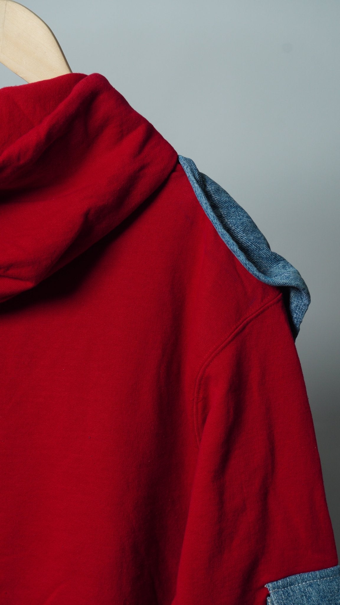 Upcycled Reworked Champion Red Blue Cargo Pocket Vest Hoodie Size M - The Hellebore Shop