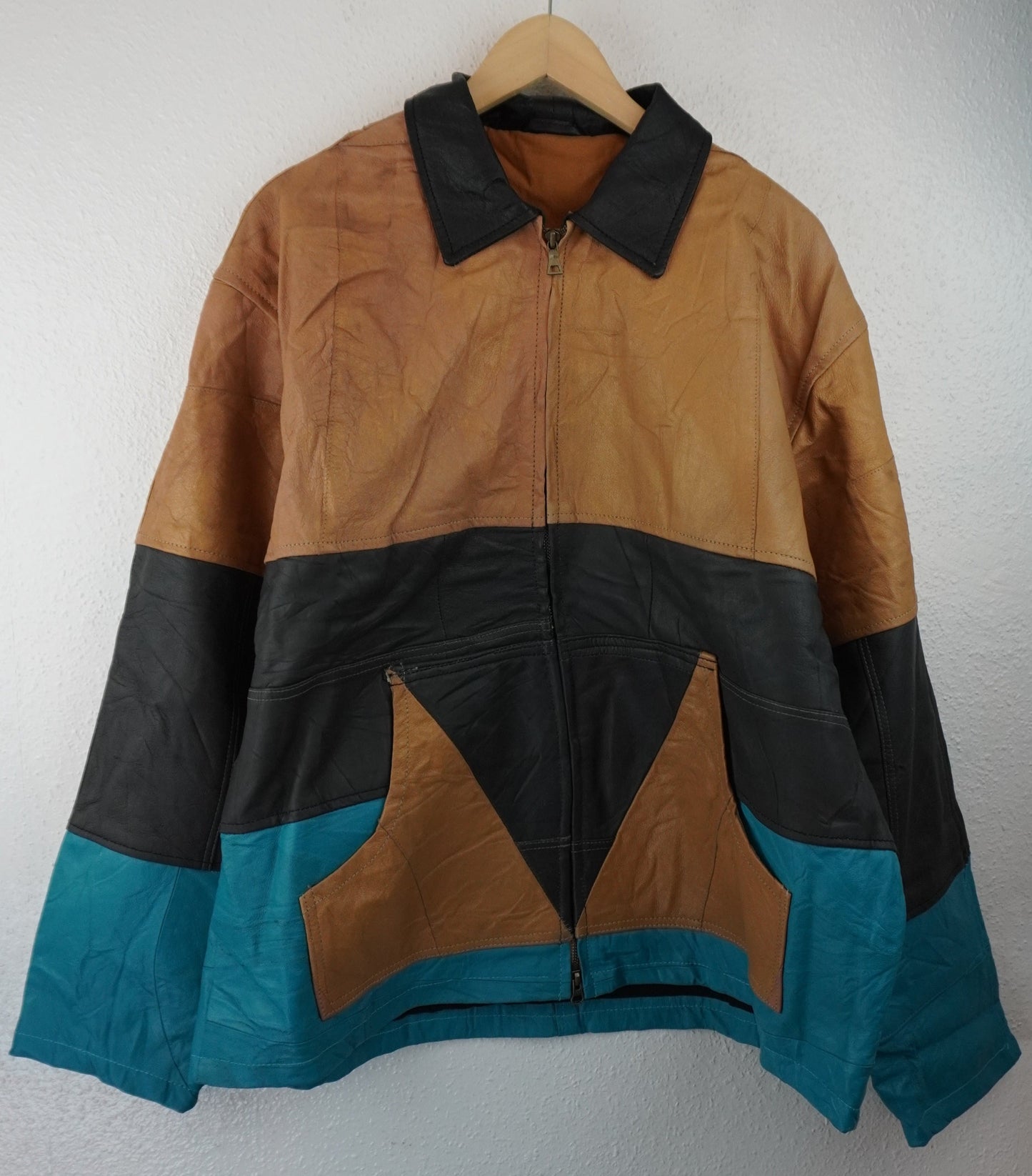 Leather Jacket Size L Blue Tan Black