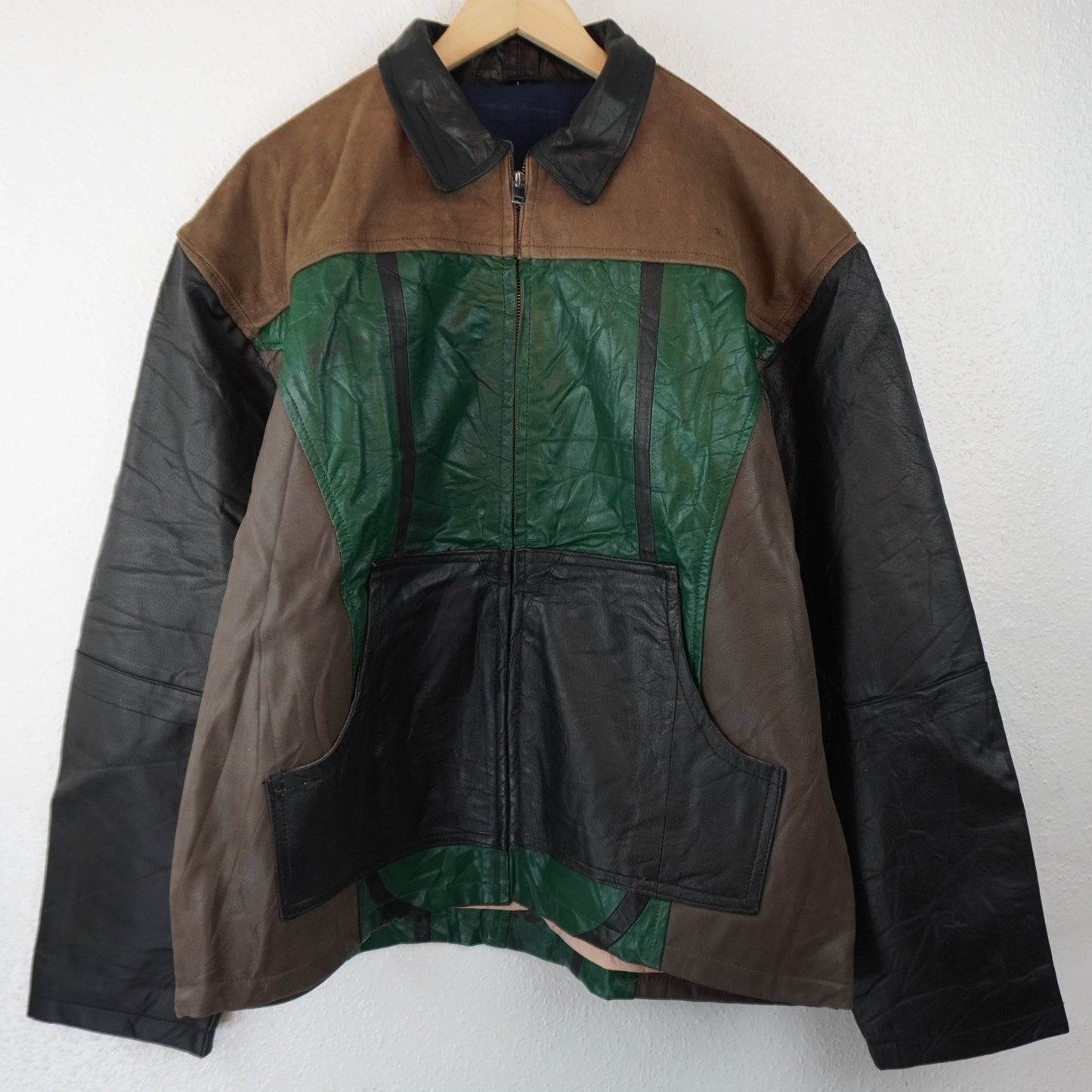 Leather Jacket Size L Green Tan Black