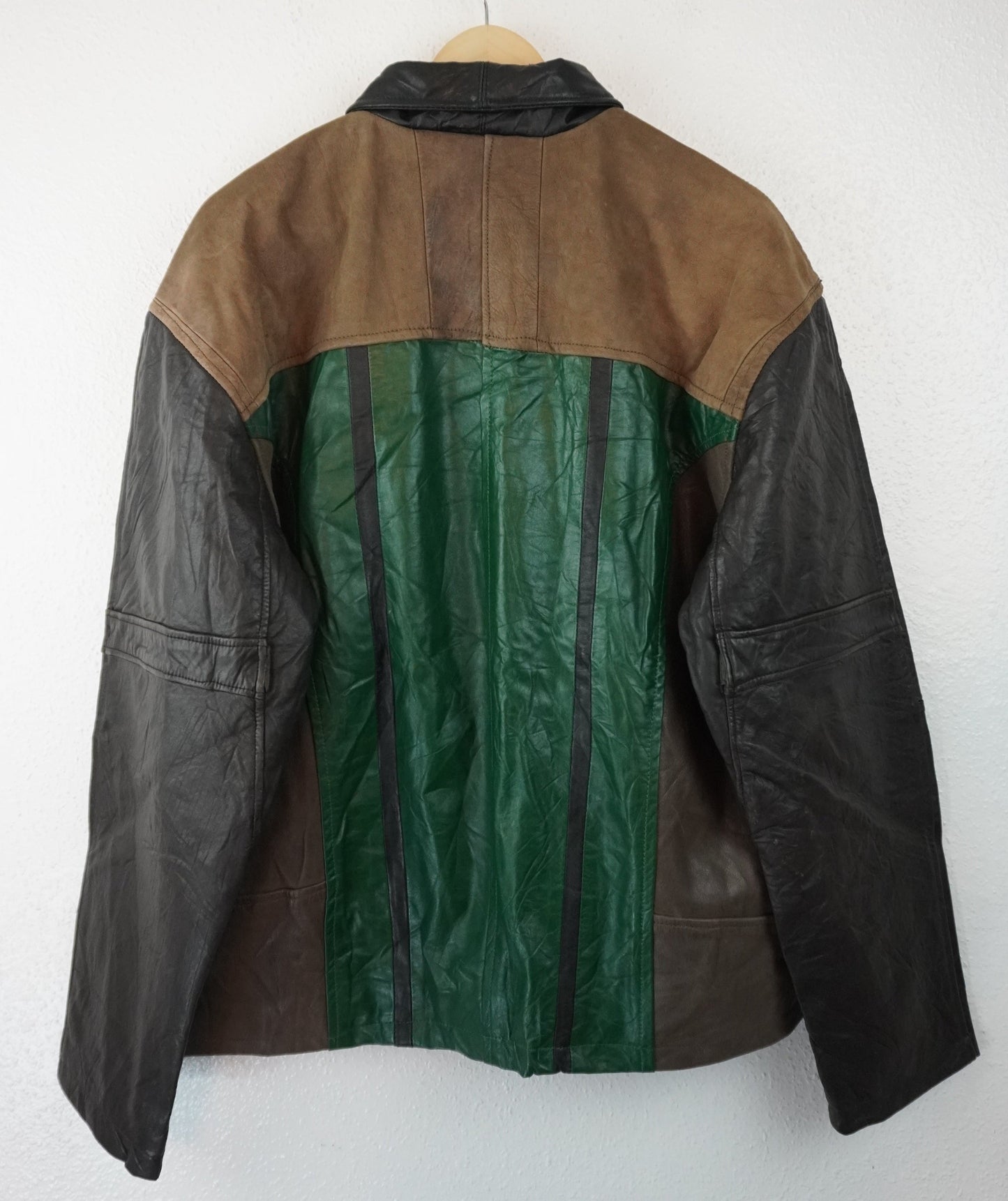 Leather Jacket Size L Green Tan Black