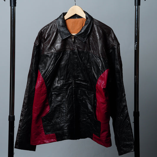 Upcycled Black & Red Leather Colorblock Jacket Size XL
