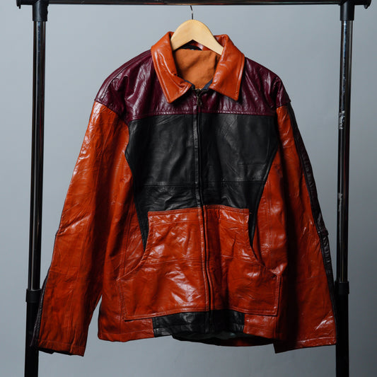 Upcycled Orange, Black & Maroon Colorblock Leather Jacket Size M