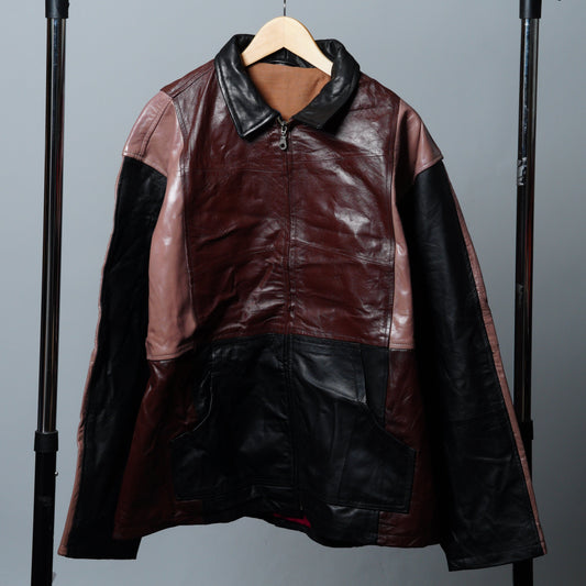 Upcycled Brown, Tan, & Black Leather Colorblock Jacket Size XL
