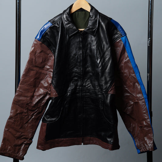 Upcycled Blue, Brown, & Black Leather Colorblock Jacket Size XL