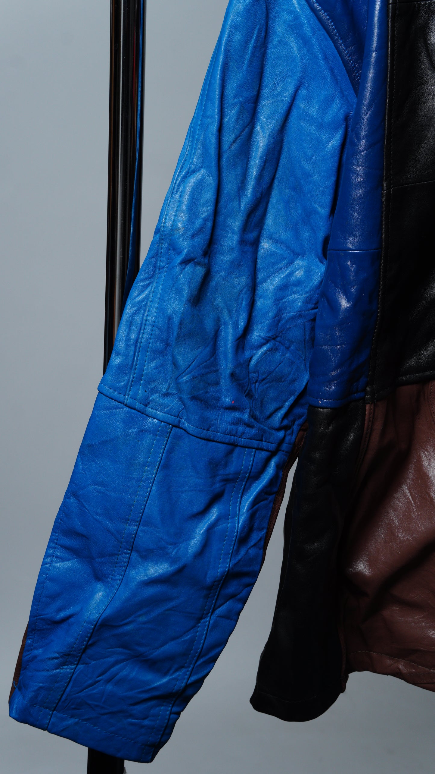 Upcycled Blue, Brown, & Black Leather Colorblock Jacket Size XL