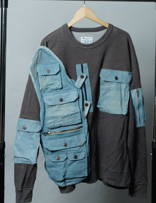 Upcycled Reworked Champion Gray Blue Cargo Pocket Vest Sweatshirt Size 2XL