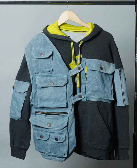 Upcycled Reworked Adidas Gray Blue Denim Cargo Pocket Vest Hoodie Size XL