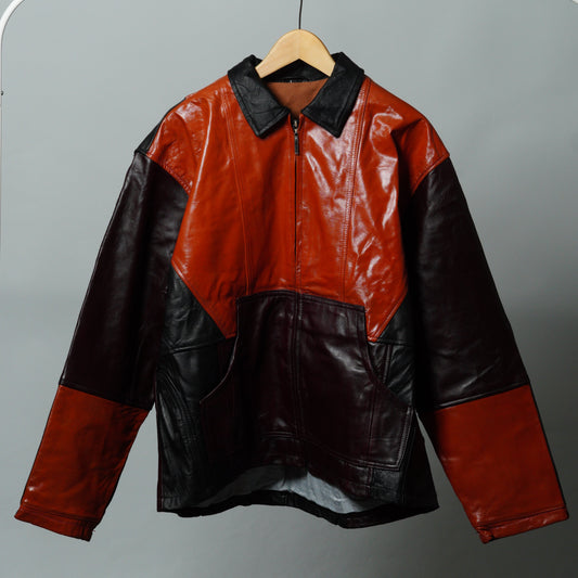 Upcycled Black & Red Leather Colorblock Jacket Size L