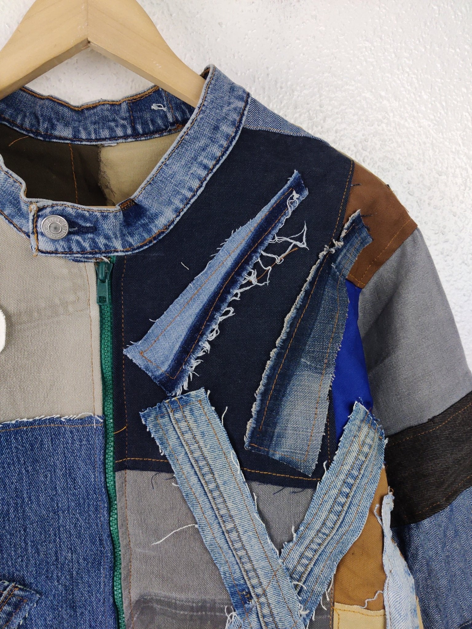Denim Patchwork Raw Jacket Blue Striped - The Hellebore Shop