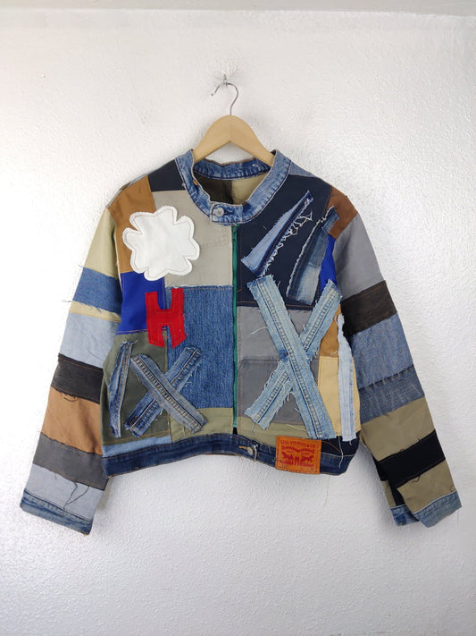 Denim Patchwork Raw Jacket Blue Striped - The Hellebore Shop