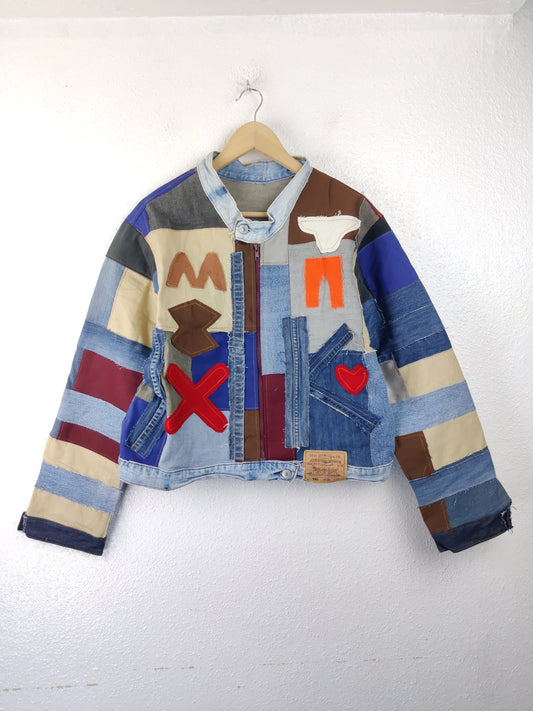 Denim Patchwork Raw Jacket Multi Patches - The Hellebore Shop