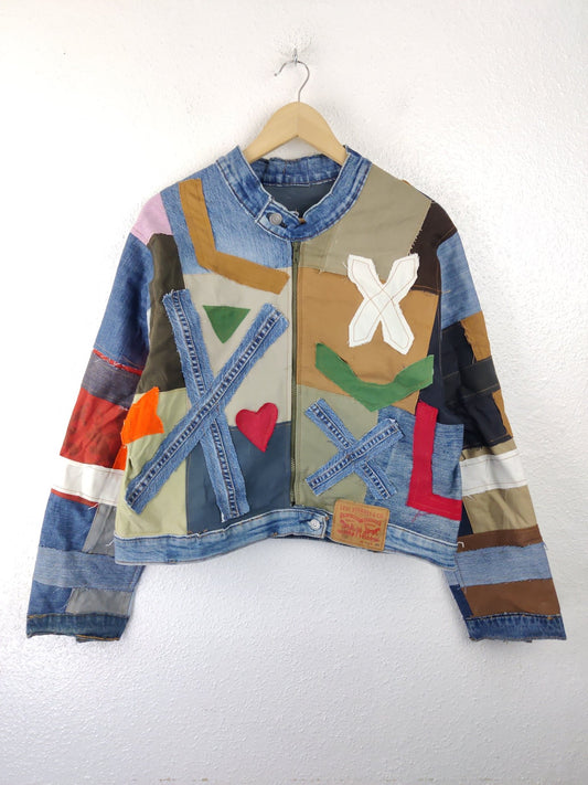 Denim Patchwork Raw Jacket Multi Striped - The Hellebore Shop
