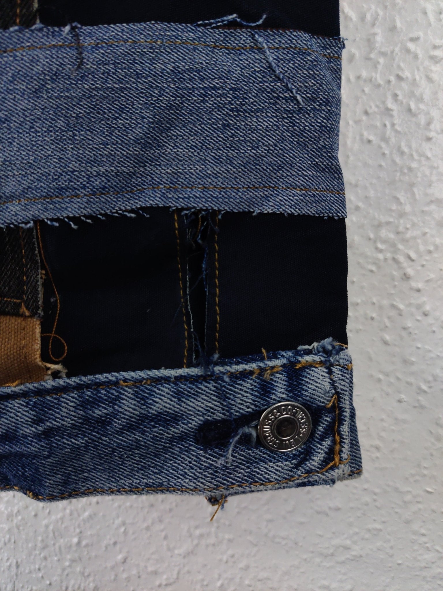 Denim Patchwork Raw Jacket Red Patches - The Hellebore Shop