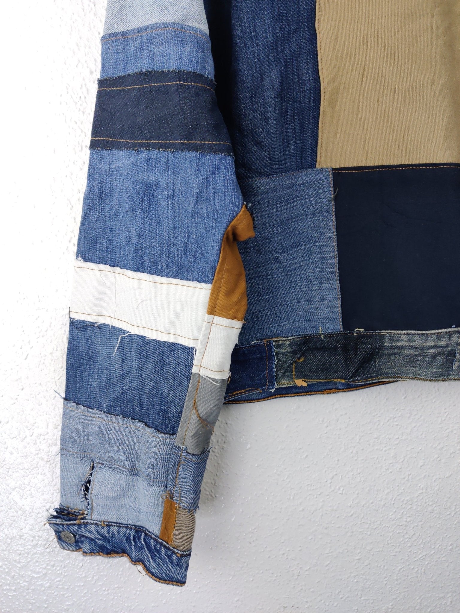 Denim Patchwork Raw Jacket Red Patches - The Hellebore Shop