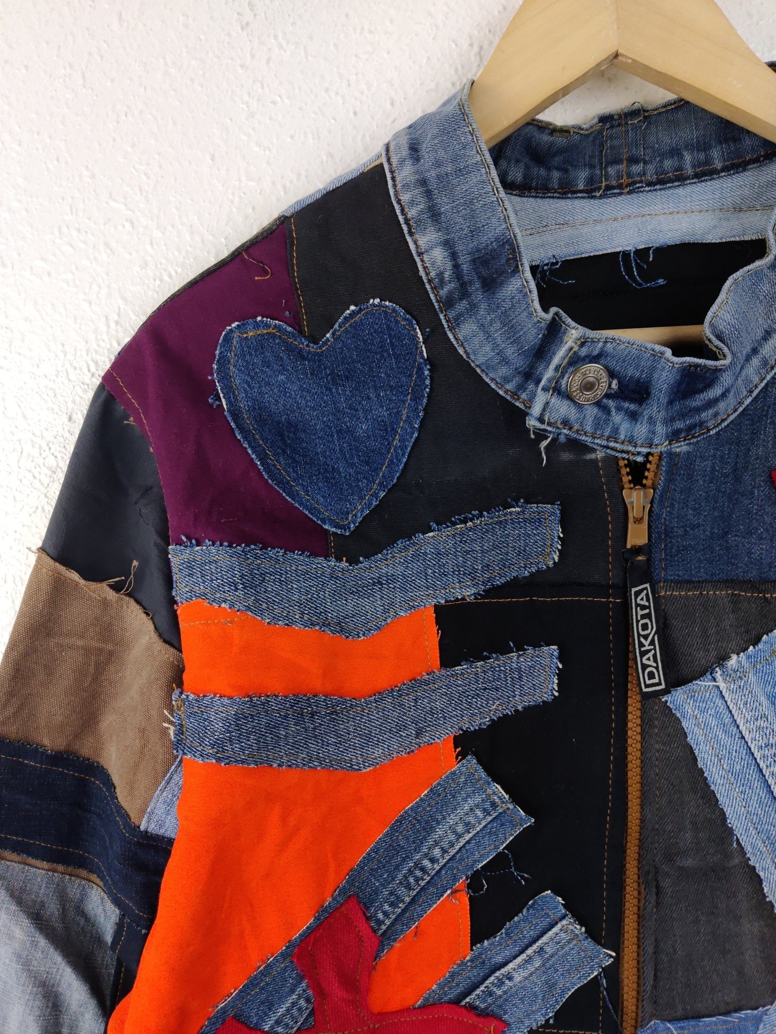 Denim Patchwork Raw Jacket Red Patches - The Hellebore Shop