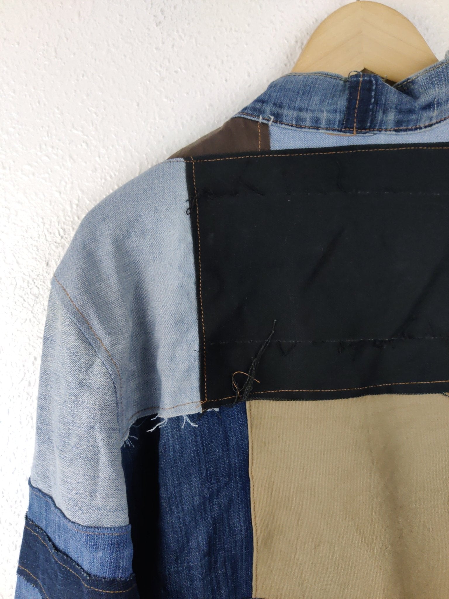 Denim Patchwork Raw Jacket Red Patches - The Hellebore Shop