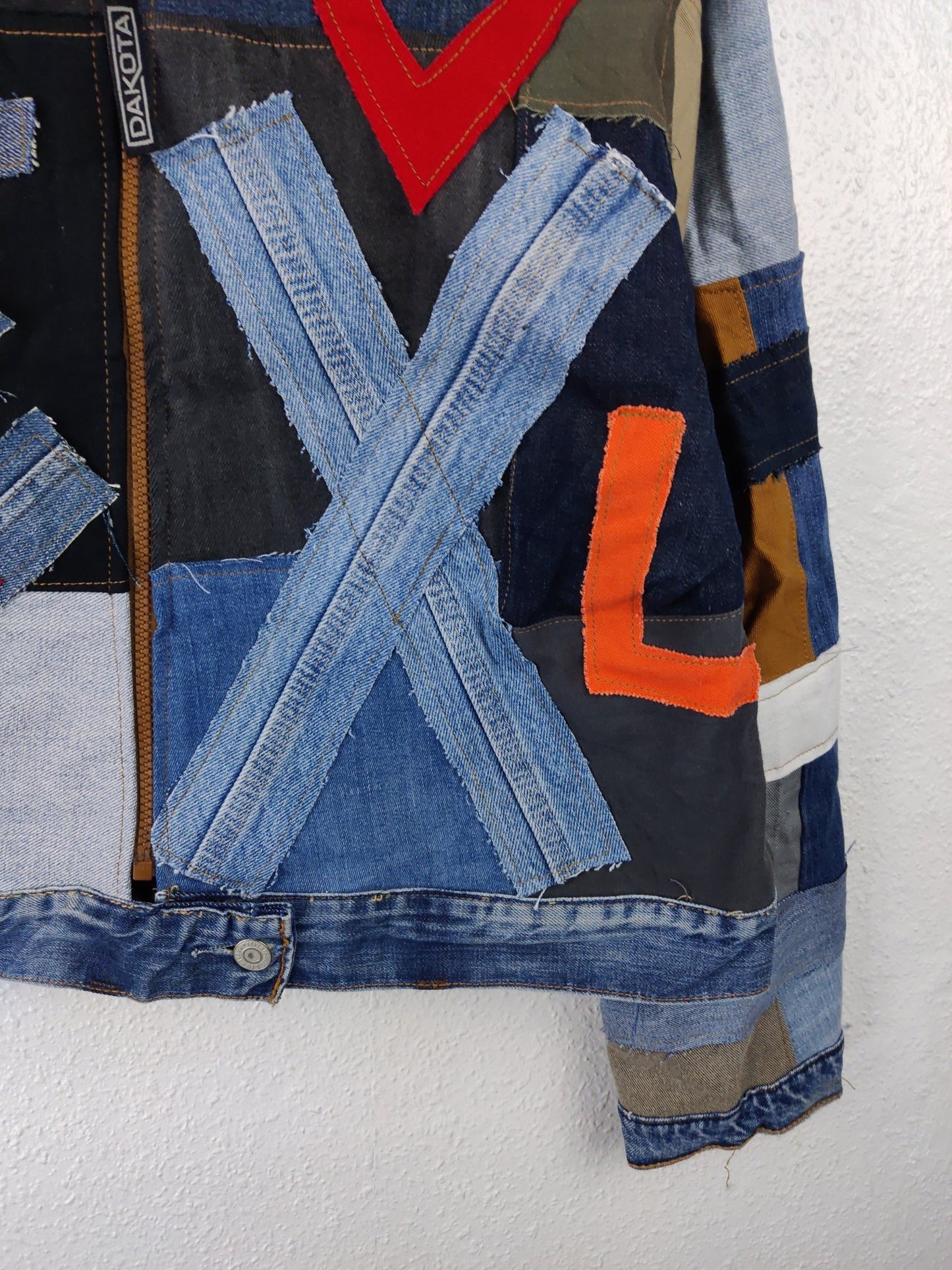 Denim Patchwork Raw Jacket Red Patches - The Hellebore Shop