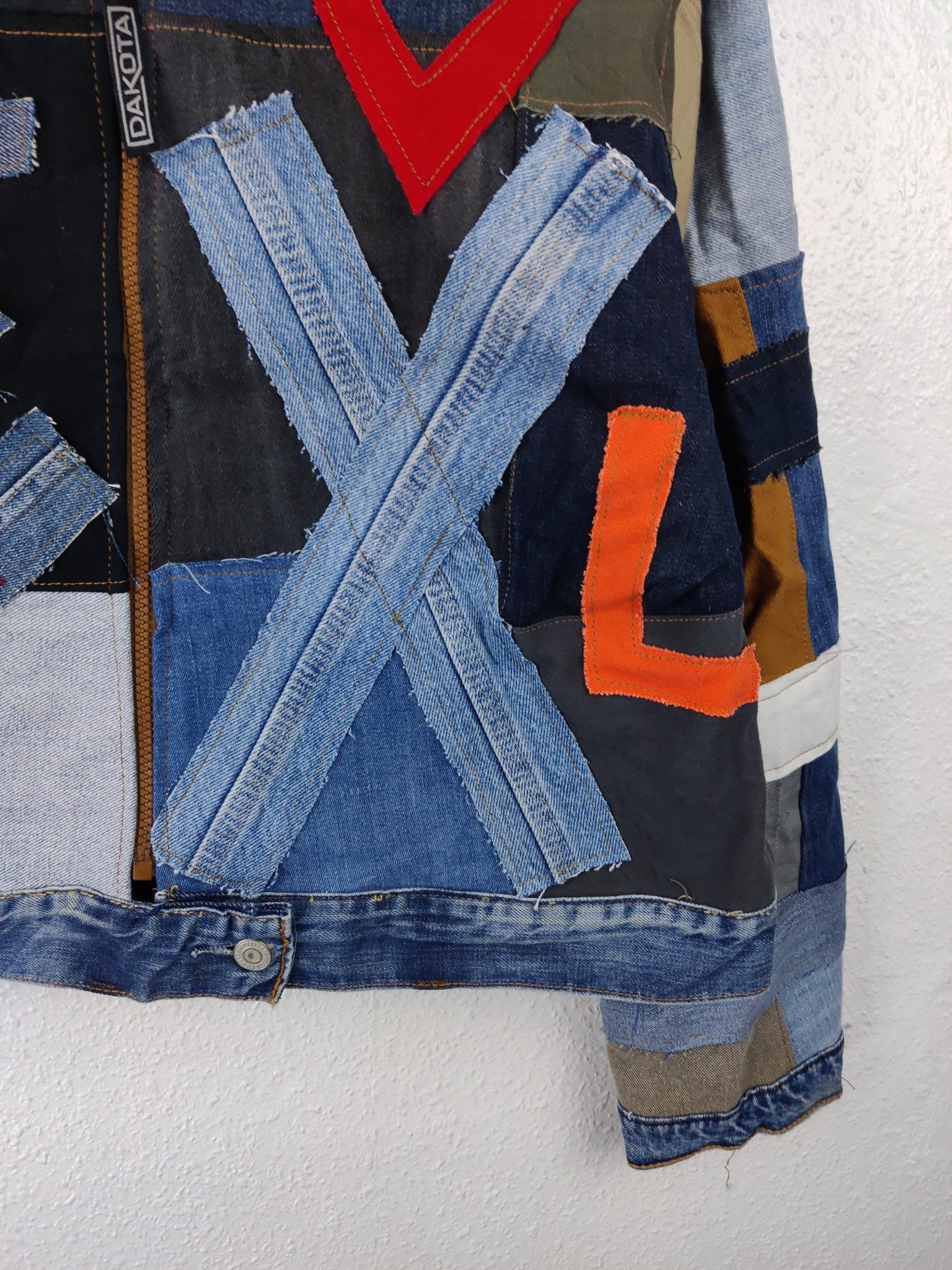 Denim Patchwork Raw Jacket Red Patches - The Hellebore Shop