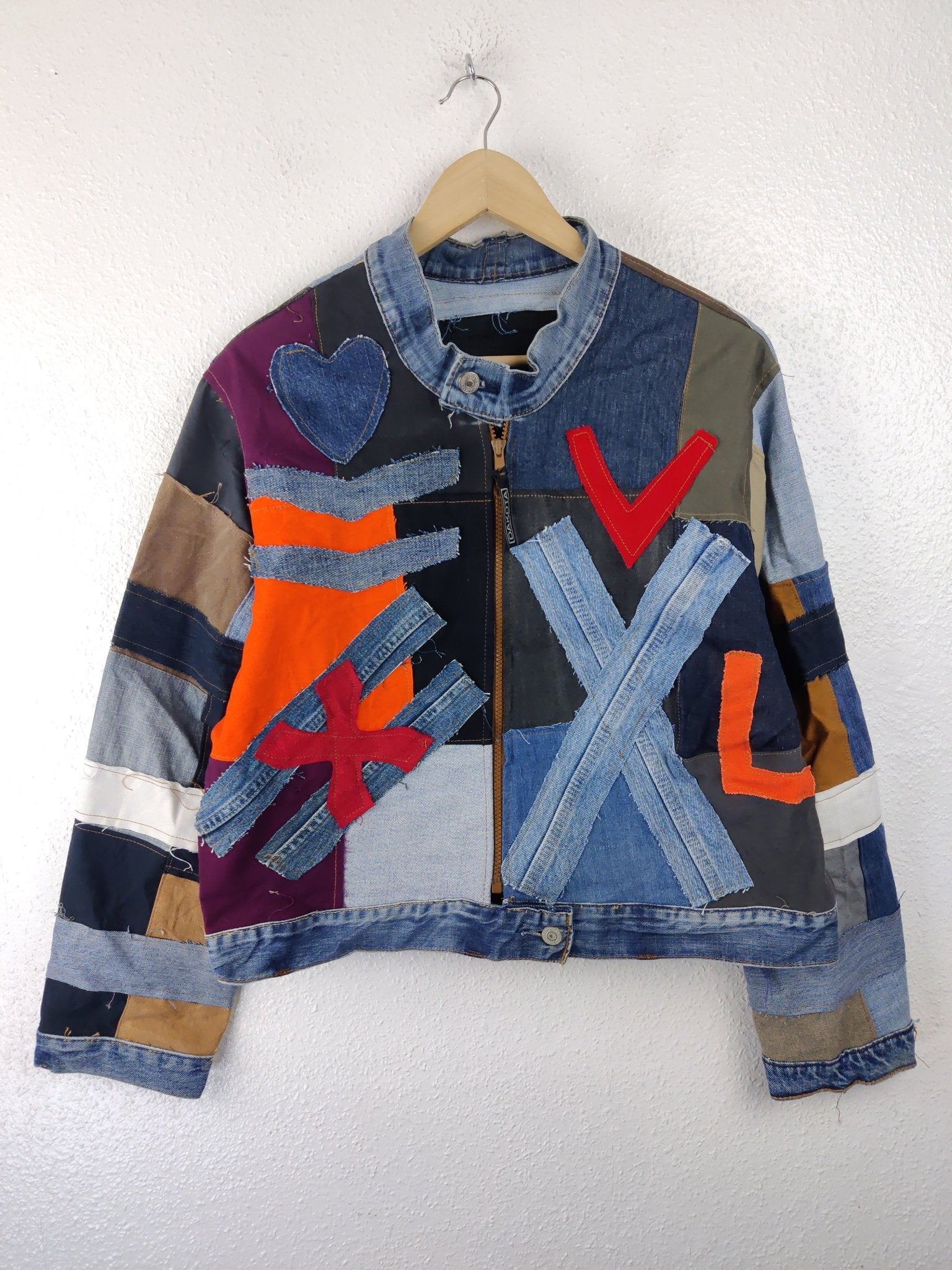 Denim Patchwork Raw Jacket Red Patches - The Hellebore Shop
