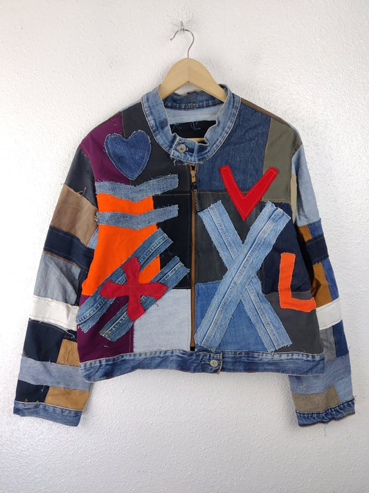 Denim Patchwork Raw Jacket Red Patches - The Hellebore Shop