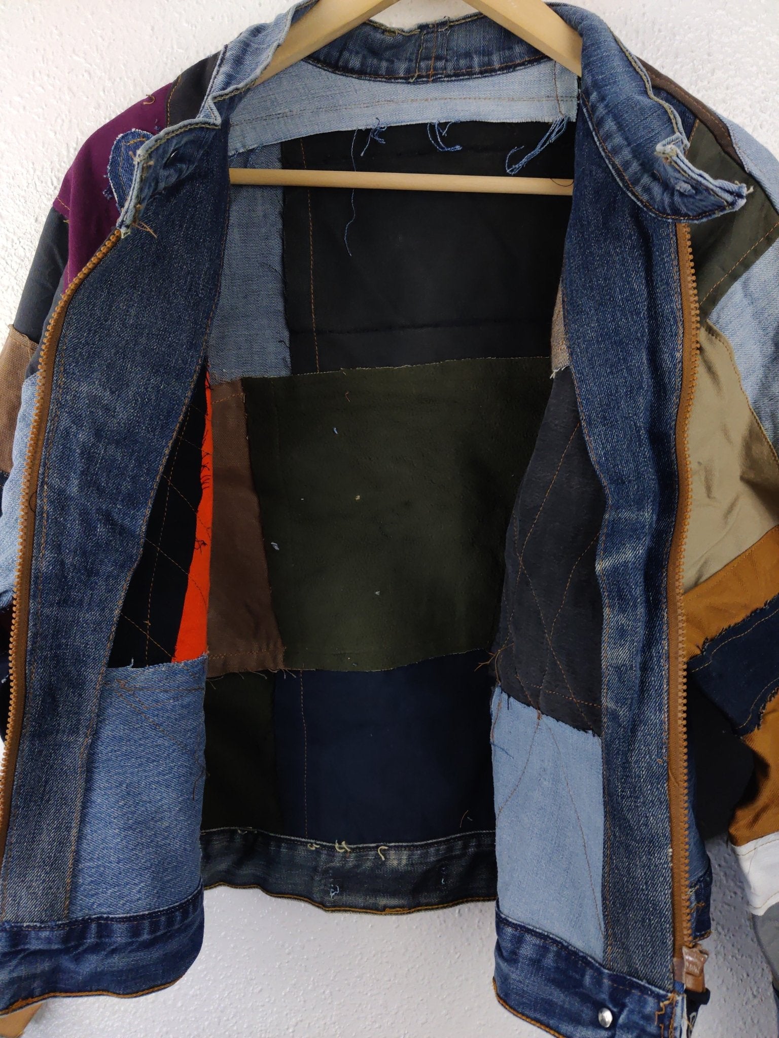 Denim Patchwork Raw Jacket Red Patches - The Hellebore Shop
