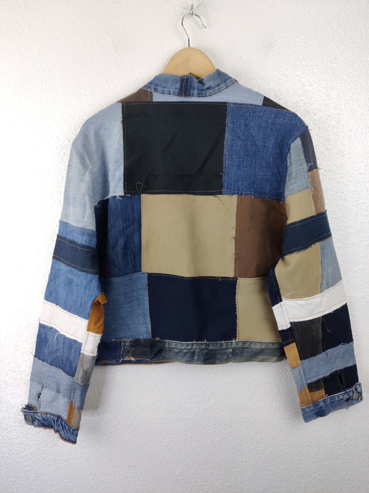 Denim Patchwork Raw Jacket Red Patches - The Hellebore Shop