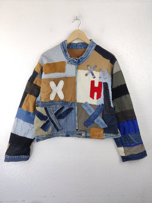 Denim Patchwork Raw Jacket White Striped - The Hellebore Shop
