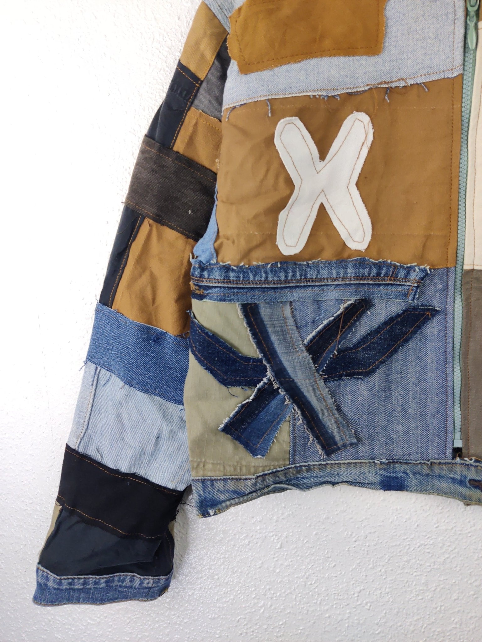 Denim Patchwork Raw Jacket White Striped - The Hellebore Shop