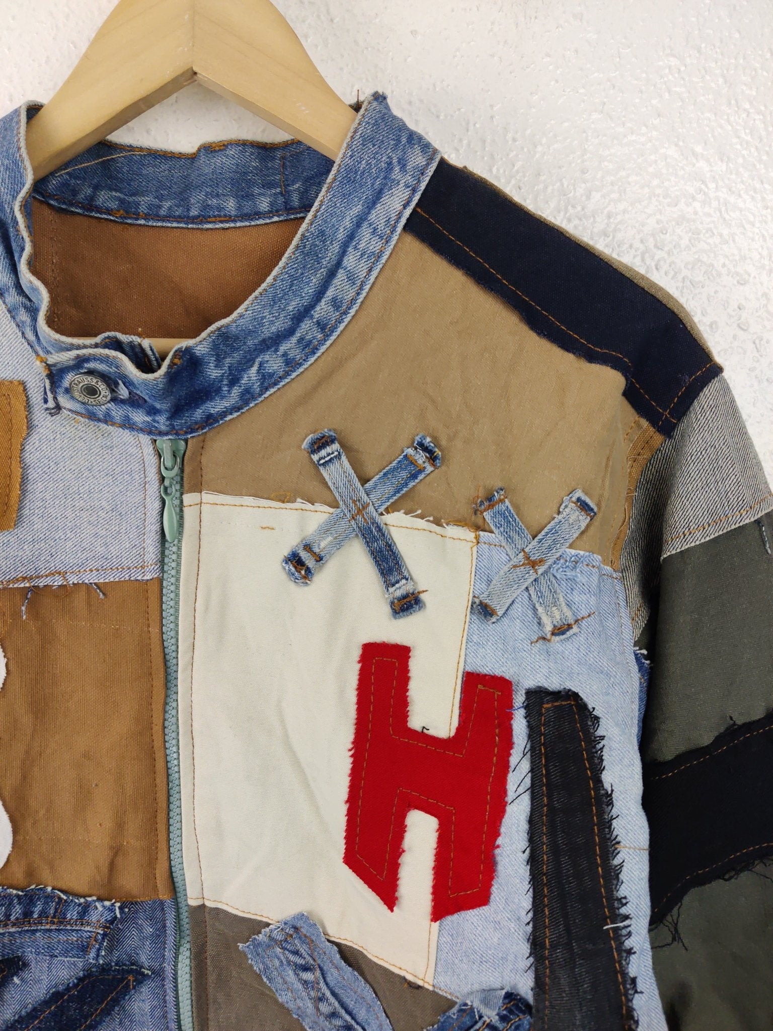 Denim Patchwork Raw Jacket White Striped - The Hellebore Shop