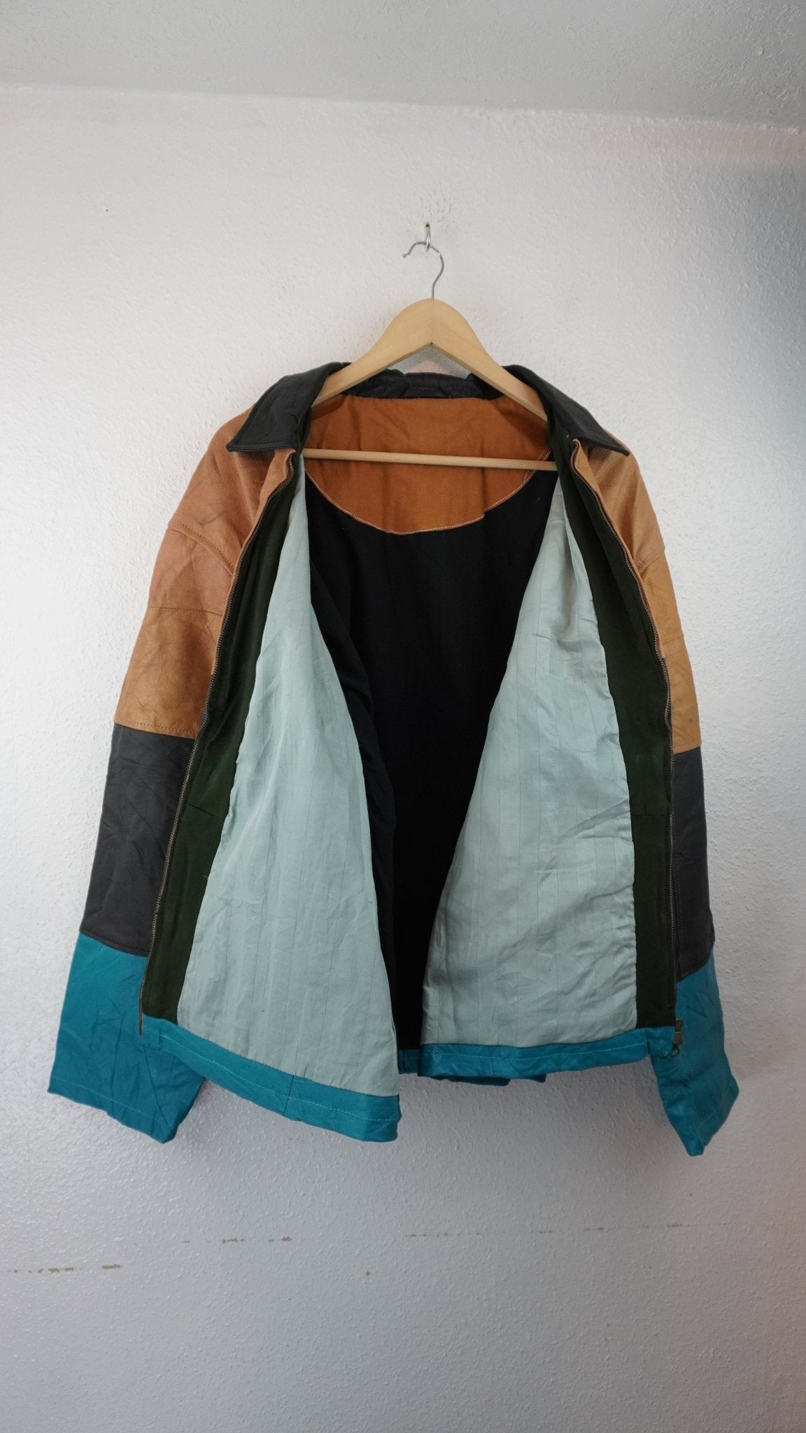 Leather Jacket Size L Blue Tan Black - The Hellebore Shop