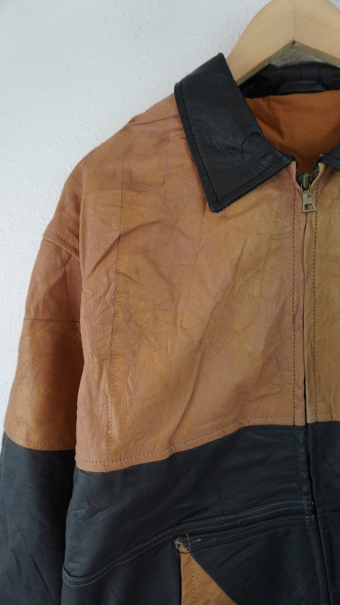 Leather Jacket Size L Blue Tan Black - The Hellebore Shop