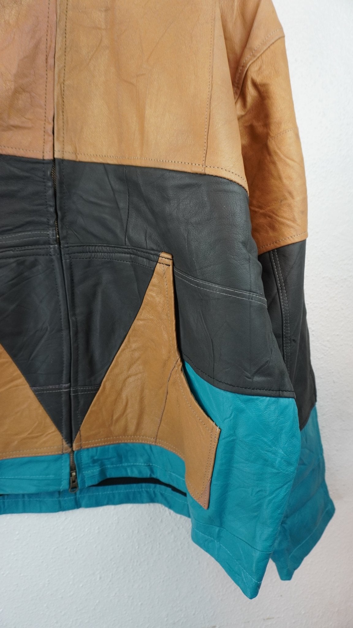 Leather Jacket Size L Blue Tan Black - The Hellebore Shop