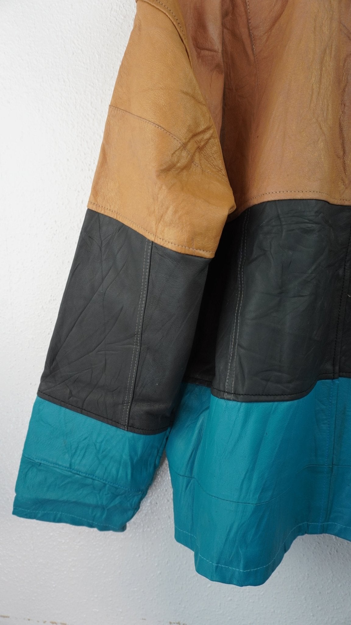 Leather Jacket Size L Blue Tan Black - The Hellebore Shop