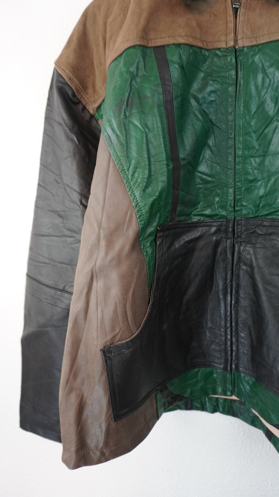 Leather Jacket Size L Green Tan Black - The Hellebore Shop