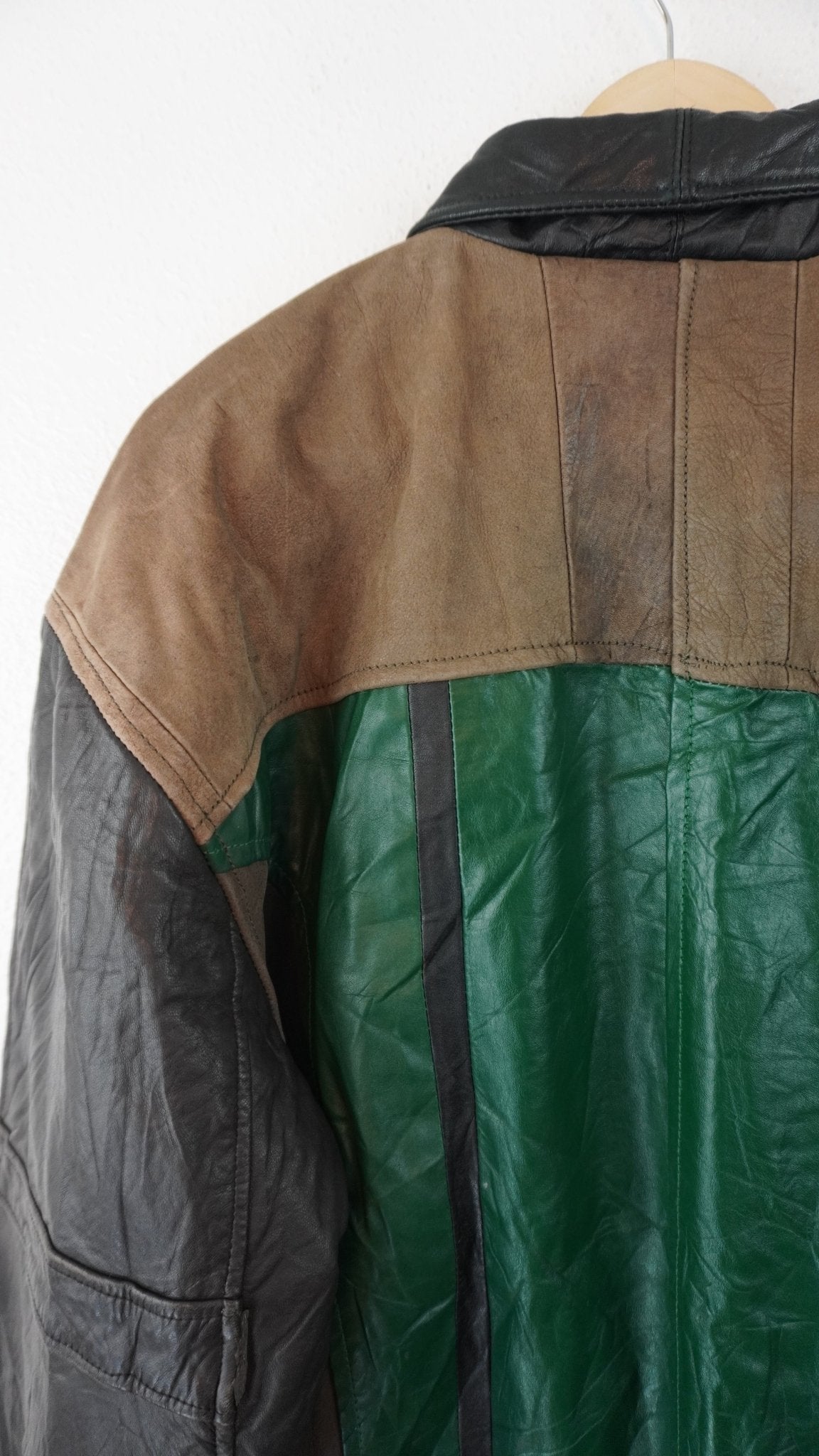 Leather Jacket Size L Green Tan Black - The Hellebore Shop